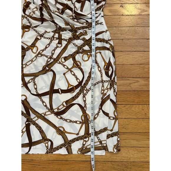 Lauren Ralph Lauren Dress 12 White Gold Chain Print Ruched Sheath Midi - Picture 6 of 6